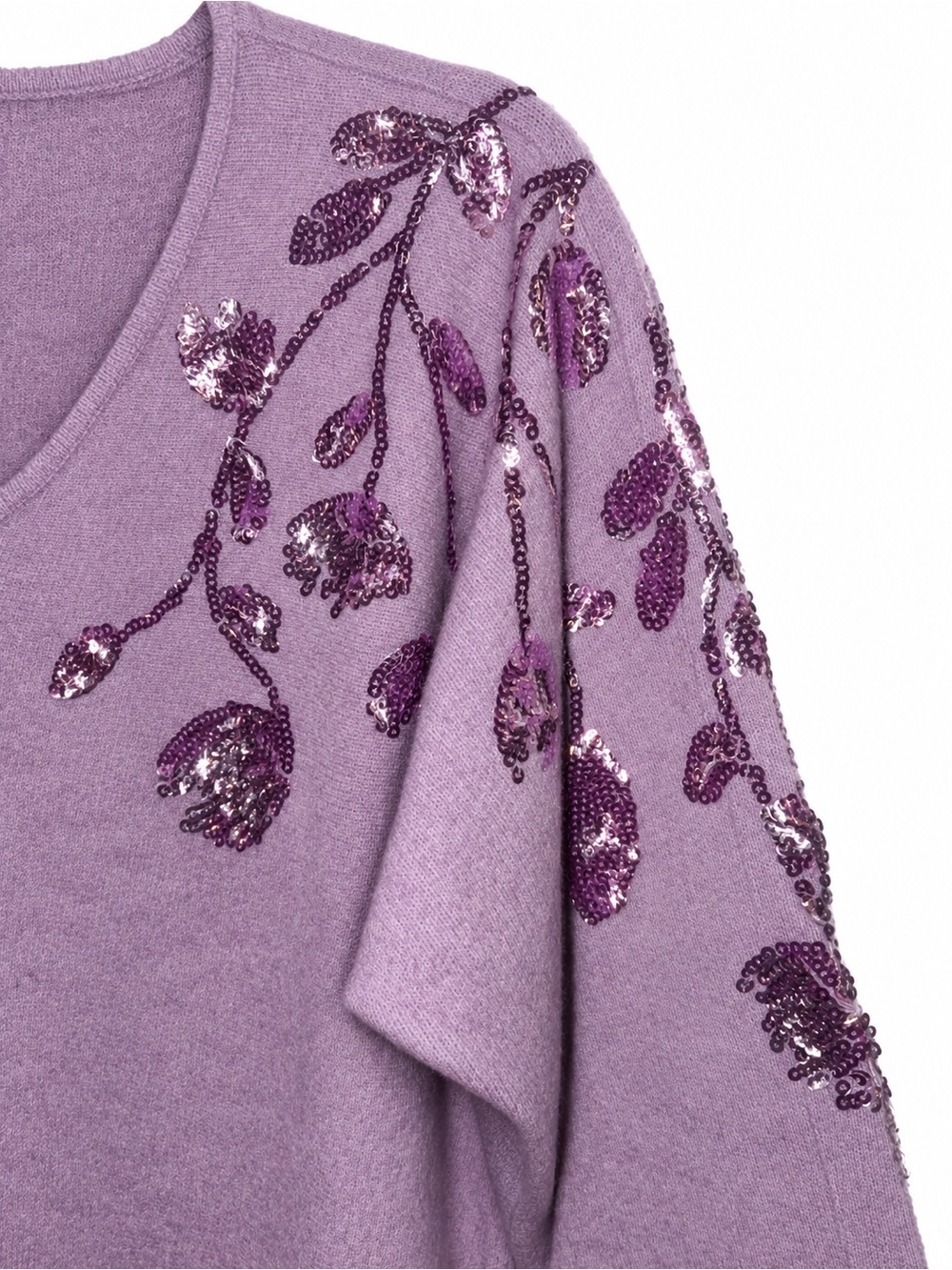 Chico's Lavender V-Neck Sweater with Sequin Floral Shoulder - Picture 5 of 7